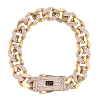 14ct Yellow Gold Monaco Classic Alternate Plain and Pave Lock Curb Bracelet 7"