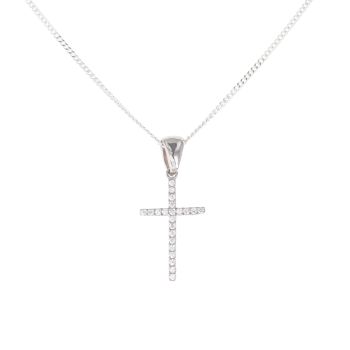 Silver Cubic Zirconia Cross Pendant And Chain 18" By Icesia