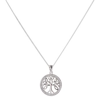 Silver Cubic Zirconia Tree of Life Pendant And Chain 18" By Icesia