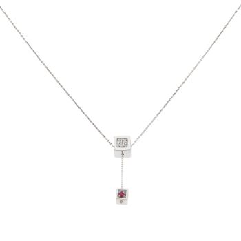 18ct White Gold 0.05ct Brilliant Cut Diamond And Ruby Cube Drop Pendant And Chain 16"