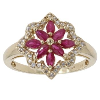 9ct Yellow Gold Ruby And Cubic Zirconia Floral Cluster Ring