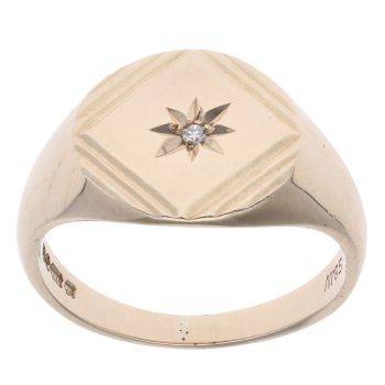 9ct Yellow Gold 0.05ct Diamond Patterned Signet Ring