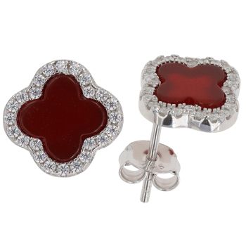 Silver Cubic Zirconia And Red Agate Floral Stud Earrings By Icesia