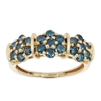 9ct Yellow Gold 0.75ct Blue Diamond Triple Cluster Ring