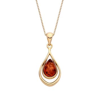 18ct Yellow ﻿Gold on Sterling Silver Baltic Amber Teardrop Pendant Necklace