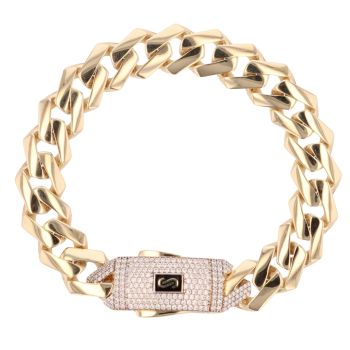 14ct Yellow Gold Monaco Curb Edge Cubic Zirconia Pave Lock Bracelet 9"