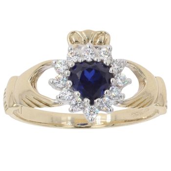 9ct Yellow Gold Cubic Zirconia and Blue Gemstone Claddagh Ring