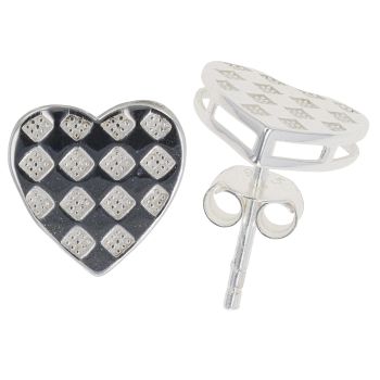 Silver Checkered Heart Stud Earrings by Icesia