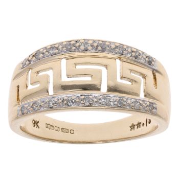 9ct Yellow Gold 0.18ct Brilliant Cut Diamond Greek Key Ring