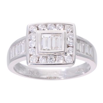 18ct White Gold 1.00ct Baguette and Brilliant Cut Diamond Cluster Ring