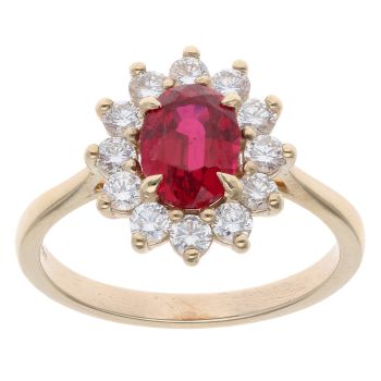 Lab Grown 9ct Yellow Gold 0.75ct Brililant Cut Diamond And Created Ruby Cluster Ring