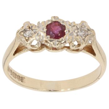 9ct Yellow Gold 0.05ct Diamond And Ruby Three Stone Ring