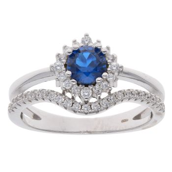 Silver Blue Gemstone And Cubic Zirconia Wishbone Ring By Icesia