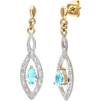 9ct Yellow Gold Blue Topaz and Diamond Teardrop Earrings