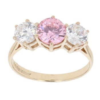9ct Yellow Gold Pink Gemstone And Cubic Zirconia Three Stone Ring