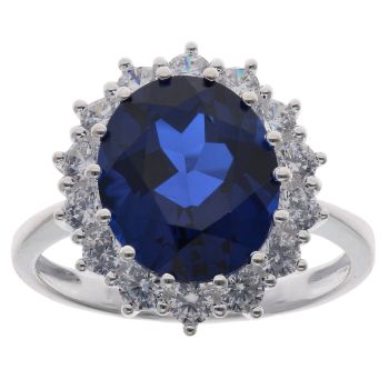 Silver Cubic Zirconia And Blue Gemstone Cluster Ring By Icesia