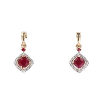 9ct Yellow Gold Ruby And 0.07ct Diamond Drop Earrings