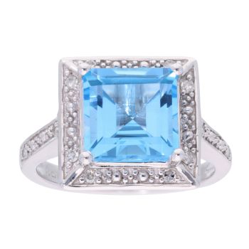 9ct White Gold Blue Topaz and Diamond Square Dress Ring