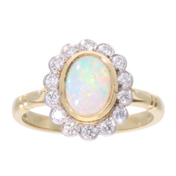 18ct Yellow Gold Opal and 0.35ct Diamond Cluster Ring