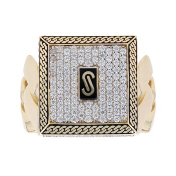 14ct Yellow Gold Monaco Cubic Zirconia and Black Enamel Signet Ring
