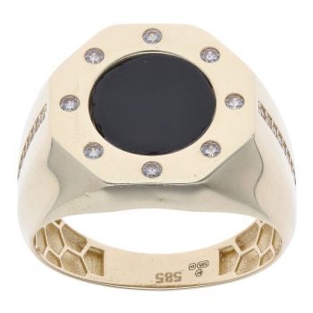 14ct Yellow Gold Black Gemstone and Cubic Zirconia Signet Ring