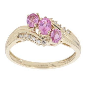 9ct Yellow Gold 0.10ct Diamond and Pink Sapphire Three Stone Twist Ring