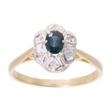 18ct Yellow Gold Sapphire and 0.03ct Diamond Cluster Ring