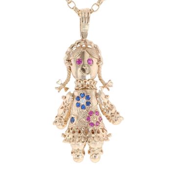 9ct Yellow Gold Multi-Gemstone Ragdoll Pendant and Chain 24"