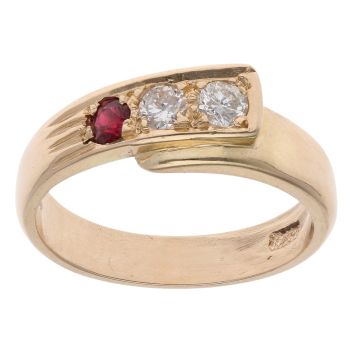 14ct Yellow Gold 0.25ct Diamond And Ruby Three Stone Wrap Ring