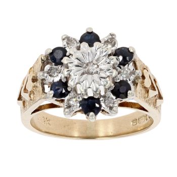 9ct Yellow Gold Sapphire And 0.05cts Diamond Cluster Ring