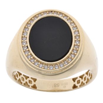 9ct Yellow Gold Cubic Zirconia and Onyx Oval Signet Ring