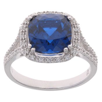 Silver Cubic Zirconia and Blue Gemstone Halo Ring by Icesia
