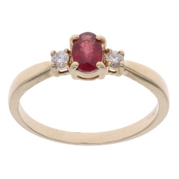 9ct Yellow Gold 0.010ct Diamond And Red Gemstone Three Stone Ring