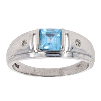 9ct White Gold Blue Topaz And 0.05ct Diamond Signet Ring