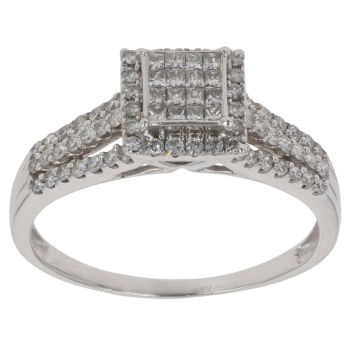 9ct White Gold 0.60ct Princess And Brilliant Cut Diamond Cluster Ring