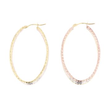 9ct Yellow, White and Rose Gold Oval Hoop Earrings
