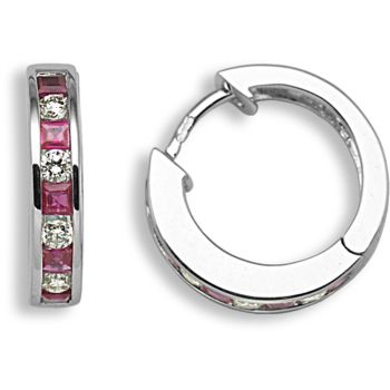 18 Carat White Gold Diamond-21pt Ruby-43pt Hoop Earrings