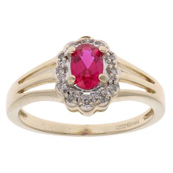 9ct Yellow Gold 0.05ct Diamond and Created Ruby Cluster Ring
