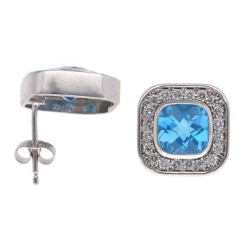 9ct White Gold 0.40ct Brilliant Cut Diamond And Blue Topaz Cluster Stud Earrings