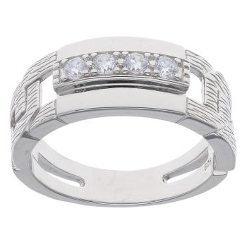 Silver Cubic Zirconia Fancy Curb Signet Ring by  Icesia