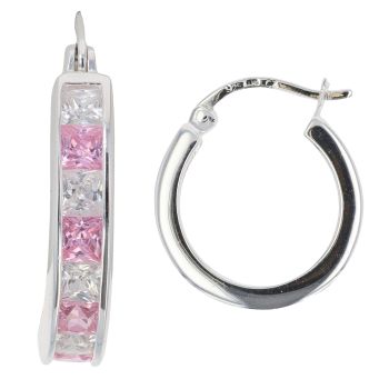 Silver Cubic Zirconia And Pink Gemstone Hoop Earrings By Icesia
