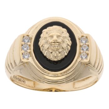 14ct Yellow Gold Cubic Zirconia and Black Enamel Lion Head Oval Signet Ring