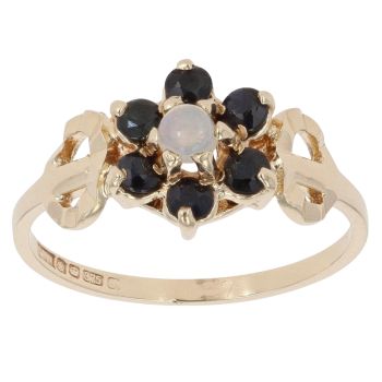 9ct Yellow Gold Patterned Opal and Sapphire Cluster Ring