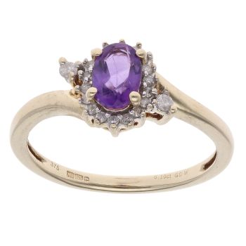 9ct Yellow Gold 0.10ct Diamond And Amethyst Cluster Ring