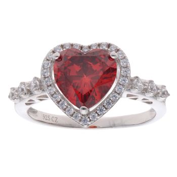 Silver Red Heart Gemstone And Cubic Zirconia Cluster Ring By Icesia