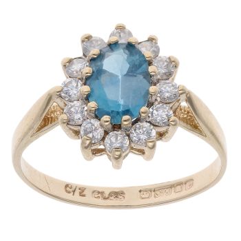 9ct Yellow Gold Blue Topaz and Cubic Zirconia Cluster Ring