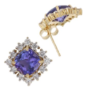 18ct Yellow Gold 1.10ct Brilliant Cut Diamond And Tanzanite Cluster Earrings