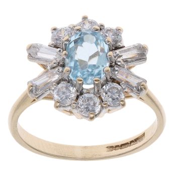 9ct Yellow Gold Aquamarine And Cubic Zirconia Cluster Ring