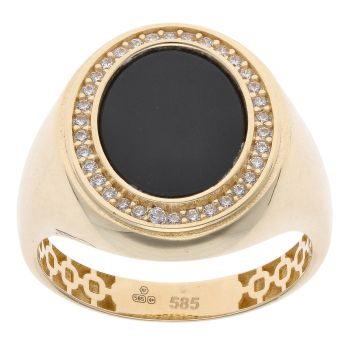 14ct Yellow Gold Black Gemstone and Cubic Zirconia Oval Signet Ring