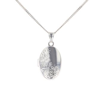 Silver Patterned Oval Locket And Chain 20" By Icesia